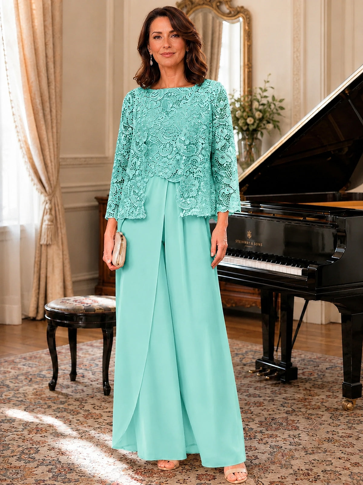 Elegant 3-Piece Chiffon Mother of the Bride Pantsuit with Floral Applique Jacket