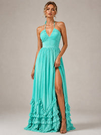 Halter V Neck Chiffon Formal Dress with Lace-Up Back and Ruffle Hem