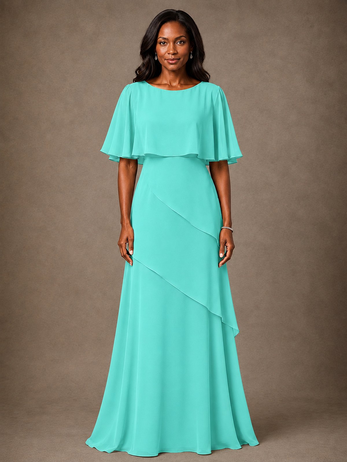 Taupe Chiffon A-Line Mother of the Bride Dress with Cape Sleeves