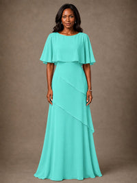 Taupe Chiffon A-Line Mother of the Bride Dress with Cape Sleeves