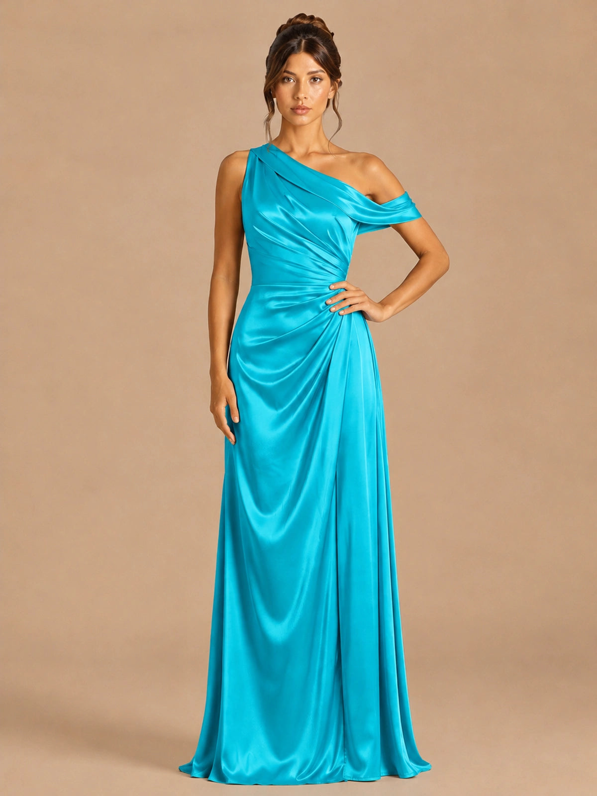 Turquoise-satin one shoulder prom dress ruched long formal gow Jovelle
