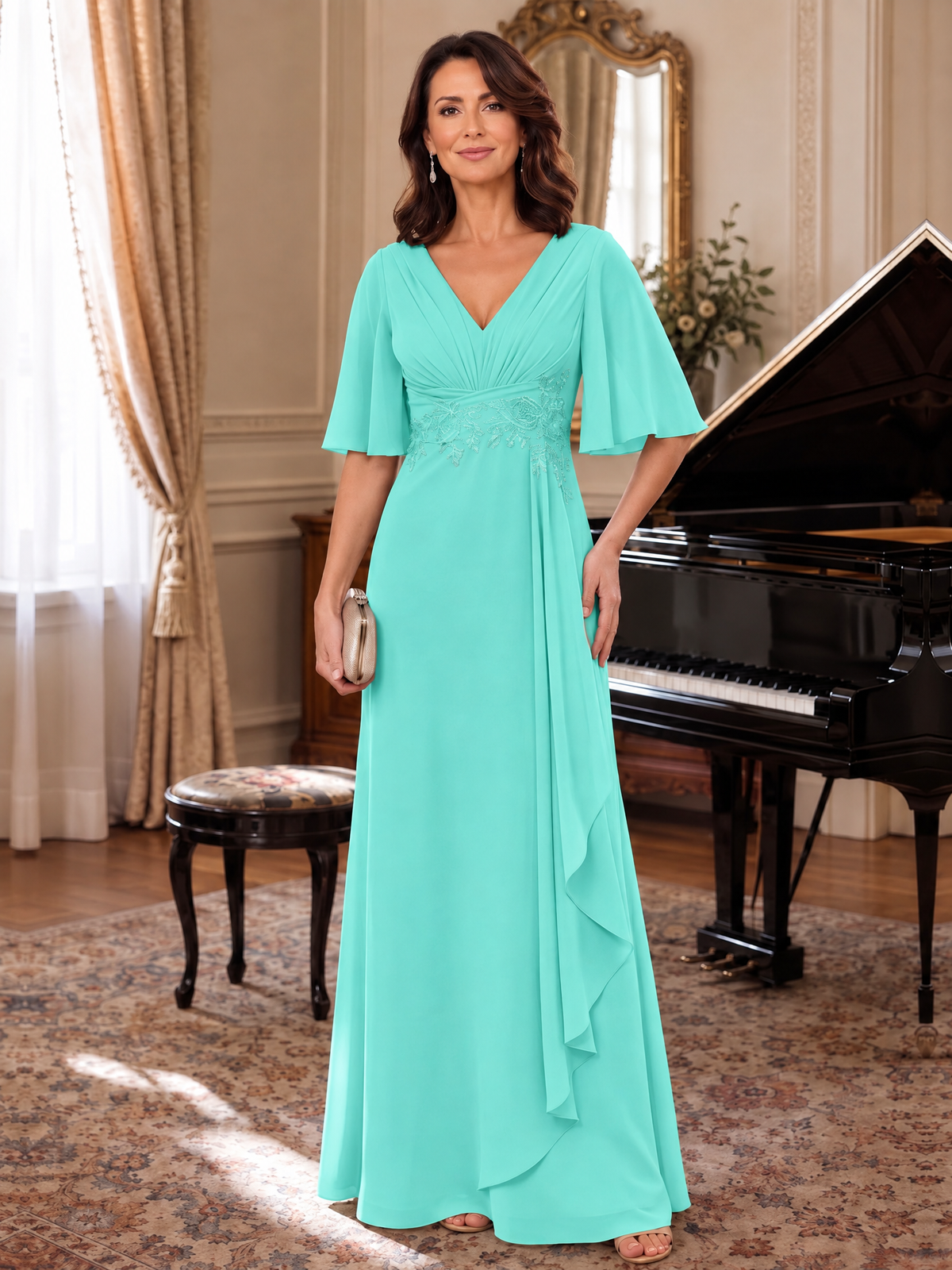Turquoise V-Neck Chiffon Lace Mother of the Bride Dresses with Flutter Sleeve A-line Long Ruffled Evening Formal Wedding Guest Gown