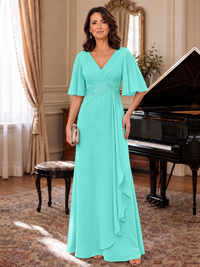 Turquoise V-Neck Chiffon Lace Mother of the Bride Dresses with Flutter Sleeve A-line Long Ruffled Evening Formal Wedding Guest Gown