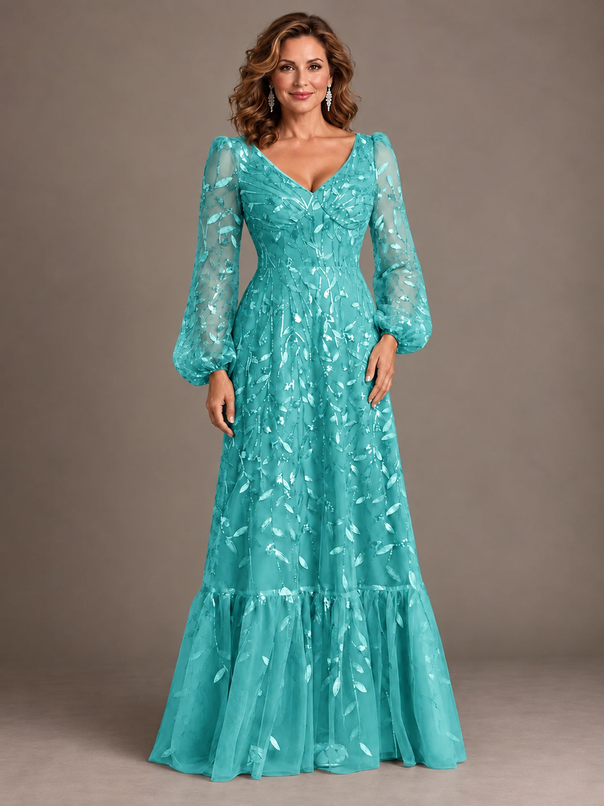 Floral Sequin Embroidered A-Line Mother of the Bride Dress with Long Sleeves