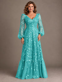 Floral Sequin Embroidered A-Line Mother of the Bride Dress with Long Sleeves