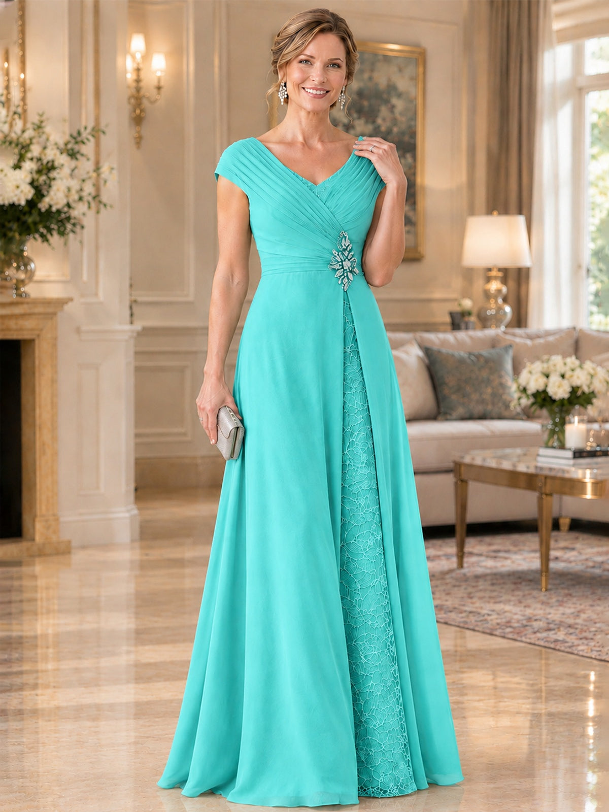 Pleated Chiffon Lace Mother of The Bride Dresses with Beading Cap Sleeves