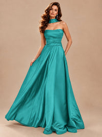Strapless Prom Dress Side High Slit A-line Formal Dress with Scarf