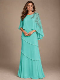 Elegant Chiffon Cape Sleeve Beaded Mother of the Bride Dress