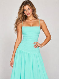 Butter Yellow Ruched Spaghetti Strap Drop-Waist Prom Dress