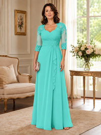 Chiffon Lace Applique Mother of the Bride Dress with 3/4 Sleeves
