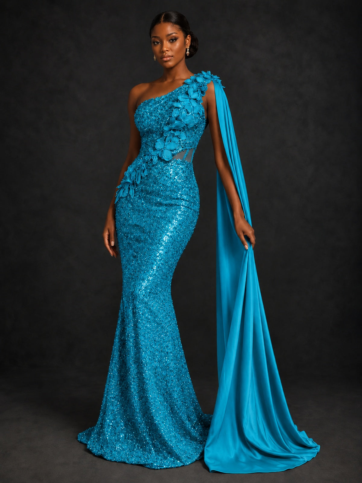 Gold Sequin One Shoulder Mermaid Prom Dress with Cape