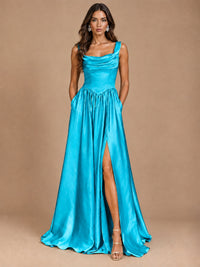 Cowl Neck Pleated Satin Prom Dress with Pockets & Slit Maxi Formal Gowns