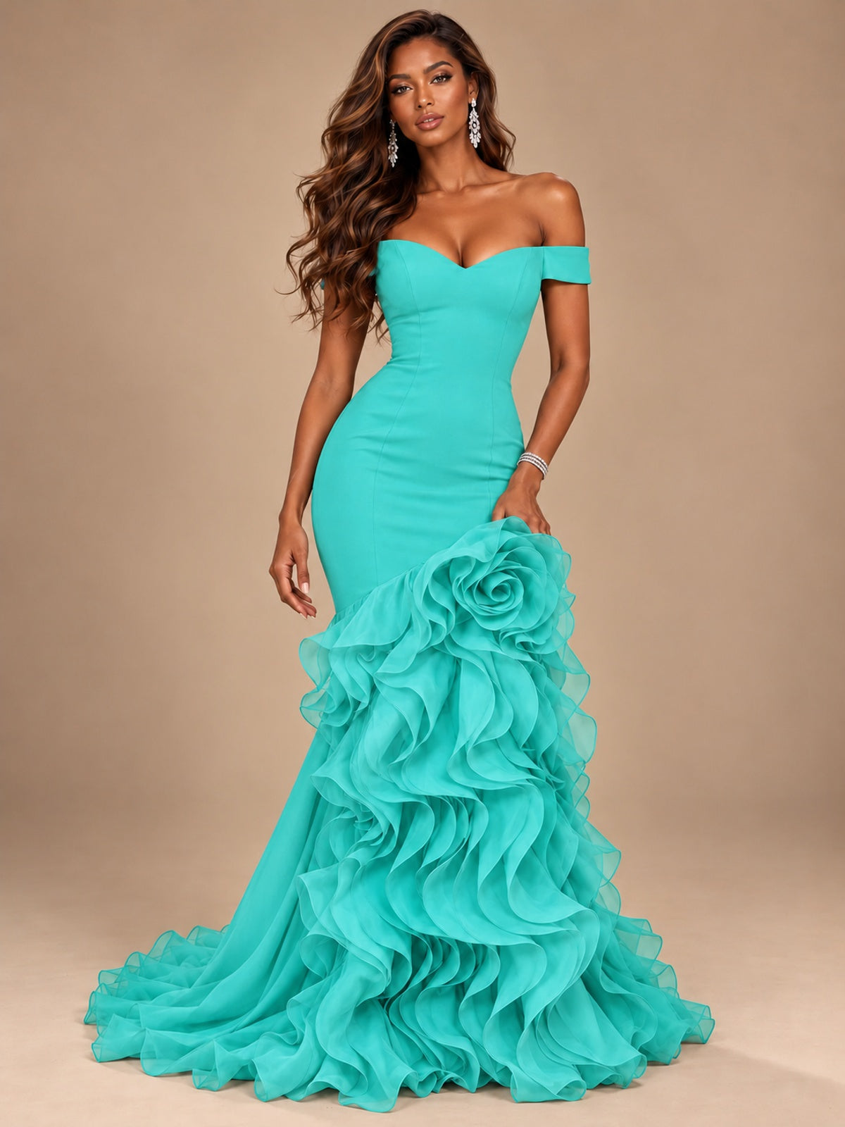 Dusty Blue Off-the-Shoulder Mermaid Prom Dress with 3D Rose & Ruffles