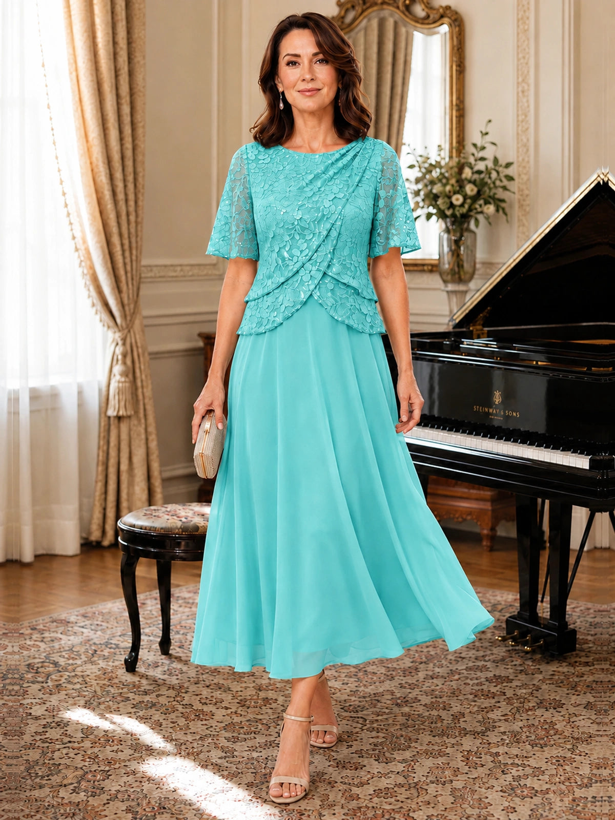 Tea-Length Chiffon Mother of the Bride Dress with Sequin Lace Sleeves
