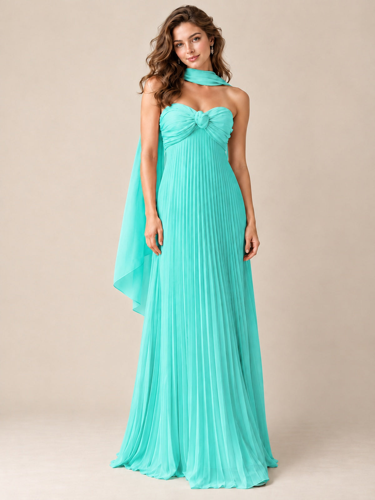 Sweetheart Neckline Pleated Prom Dress Strapless A-line Formal Dress with Flowy Scarf