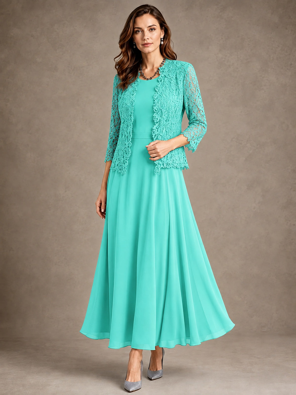 2-Piece Chiffon Mother of the Bride Dress with Lace Jacket