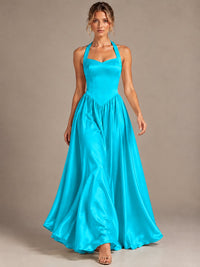 Light Yellow Halter Neck Satin A-Line Maxi Dress with Pockets