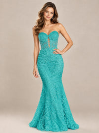 Strapless Corset Mermaid Prom Dress with Floral Lace Appliqué