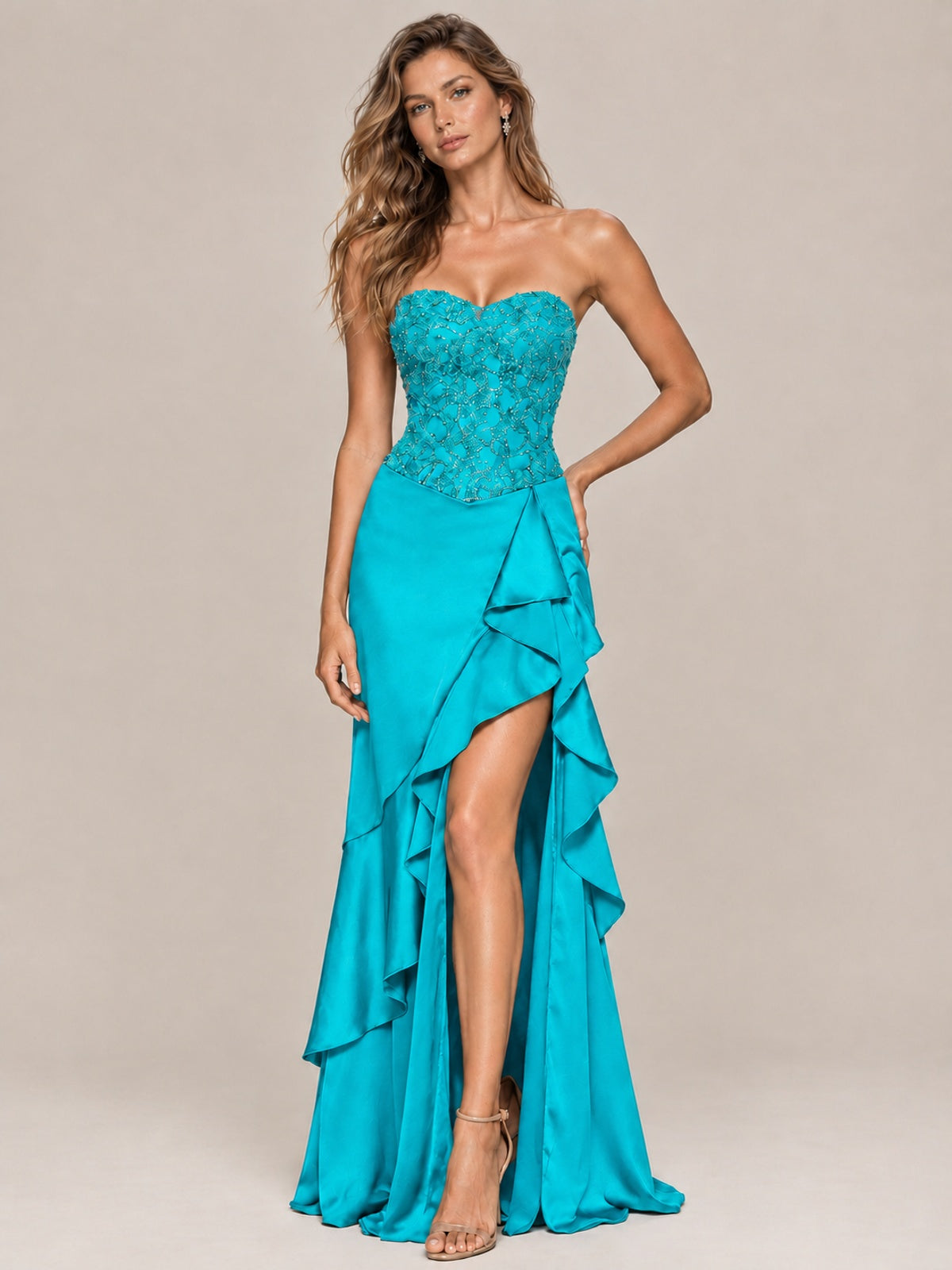 Strapless Lace Appliques Corset Satin Prom Dress Ruffle Slit Evening Gown