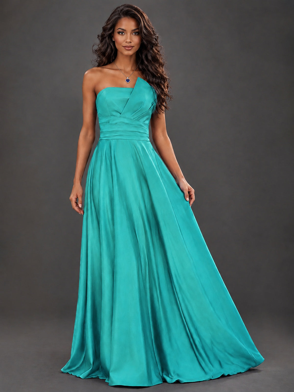 Draped Satin Prom Dress Strapless A-line Formal Dress Floor Length