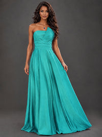 Draped Satin Prom Dress Strapless A-line Formal Dress Floor Length