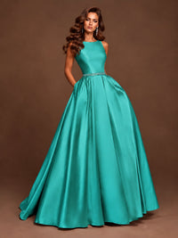 Satin A-Line Prom Dress Sleeveless Beaded Waist Formal Gown with Pockets