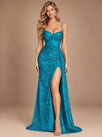 Burgundy Sequin Corset Prom Dress with High Slit