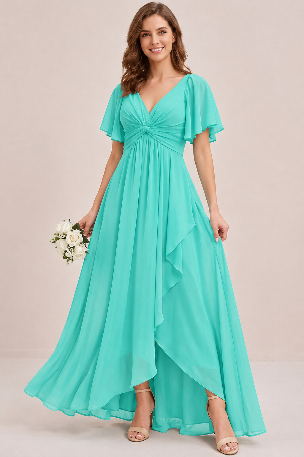 Dusty Blue Chiffon Bridesmaid Dress with Flutter Sleeves & High-Low Hem