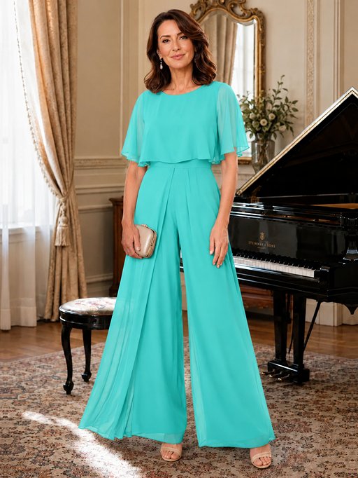 Chiffon Mother of the Bride Jumpsuit with Layered Cape Sleeves