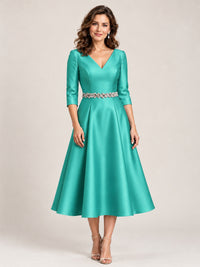Turquoise V-Neck Tea-Length Mother of the Bride Dress with Embellished Waist
