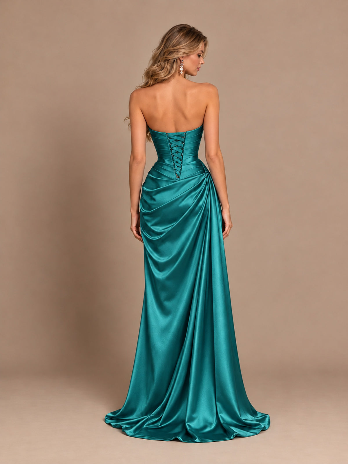 Dusty Blue Strapless Satin Prom Dress with Ruched Bodice and Slit