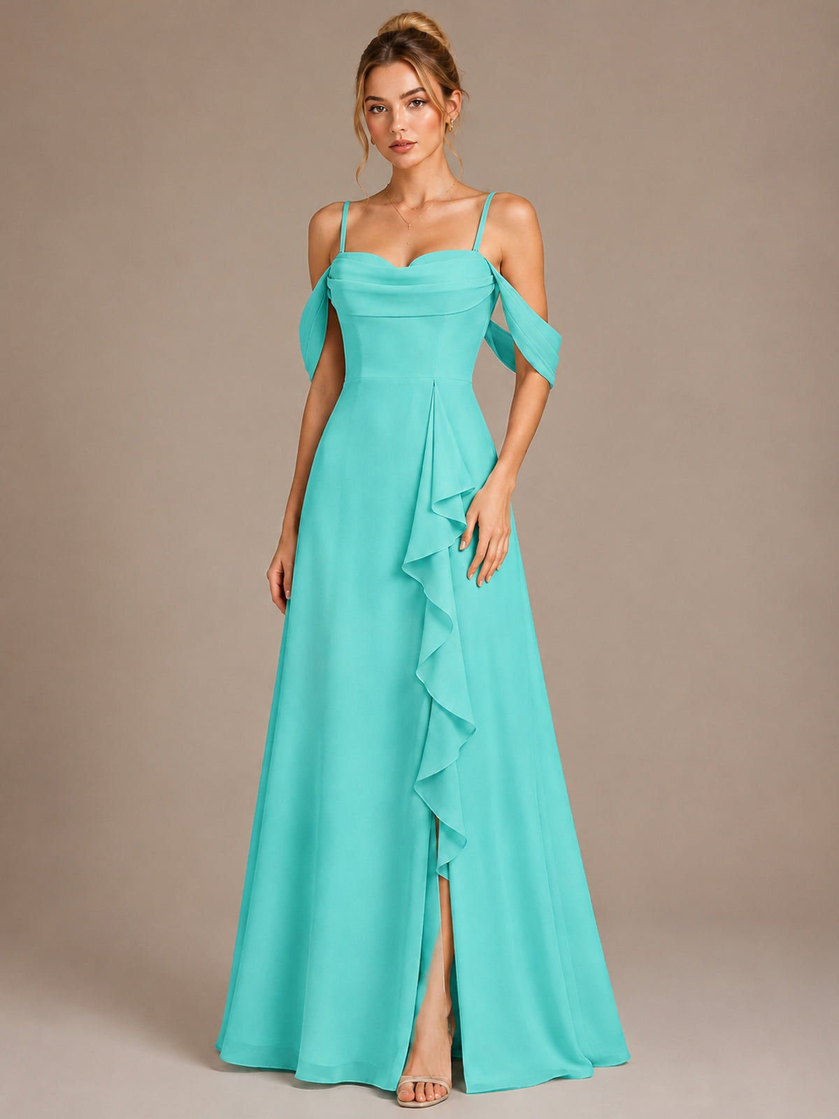 Spaghetti Strap Chiffon Bridesmaid Dress with Ruffles Slit