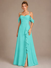 Spaghetti Strap Chiffon Bridesmaid Dress with Ruffles Slit
