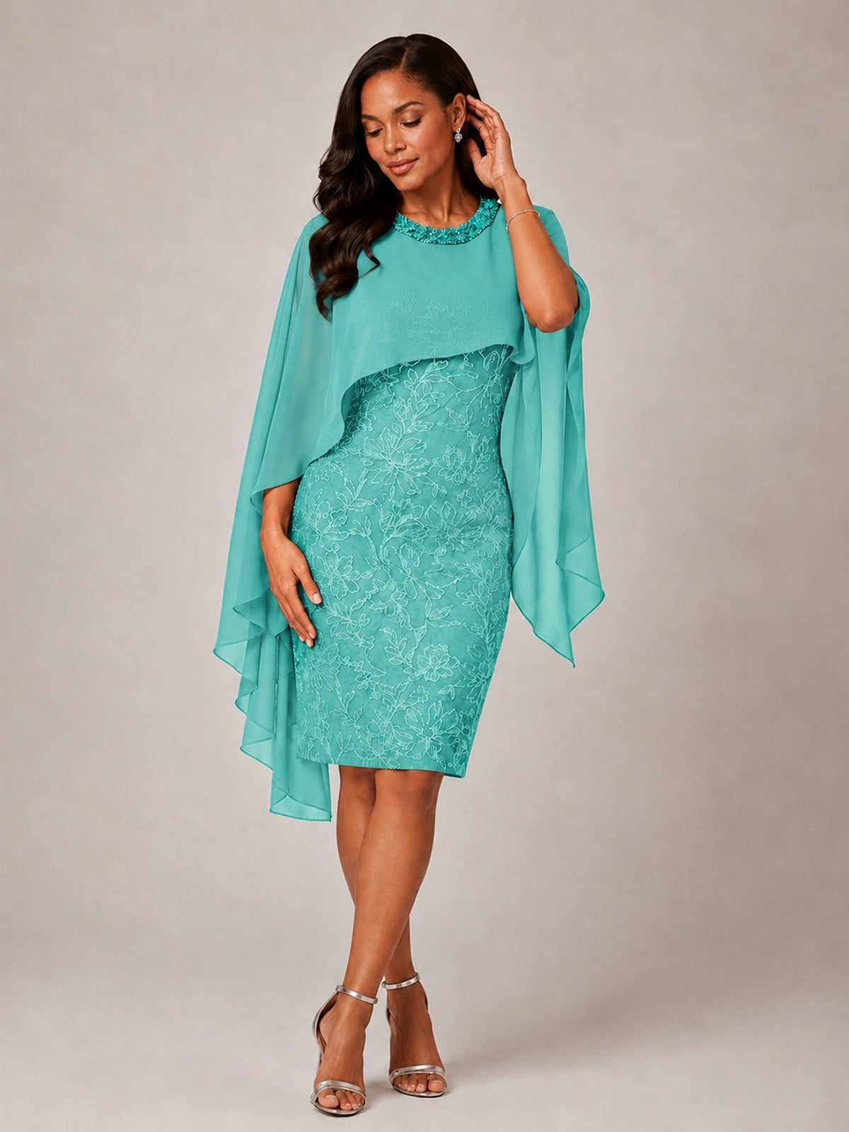 Floral Sheath Mother of the Bride Dress with Cape Overlay