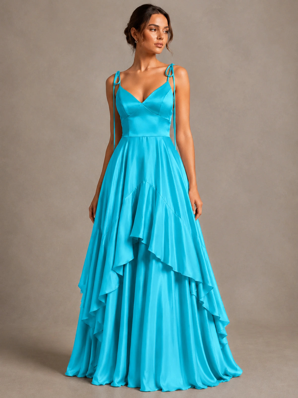 Lavender Satin V-Neck Ruffle Maxi Dress