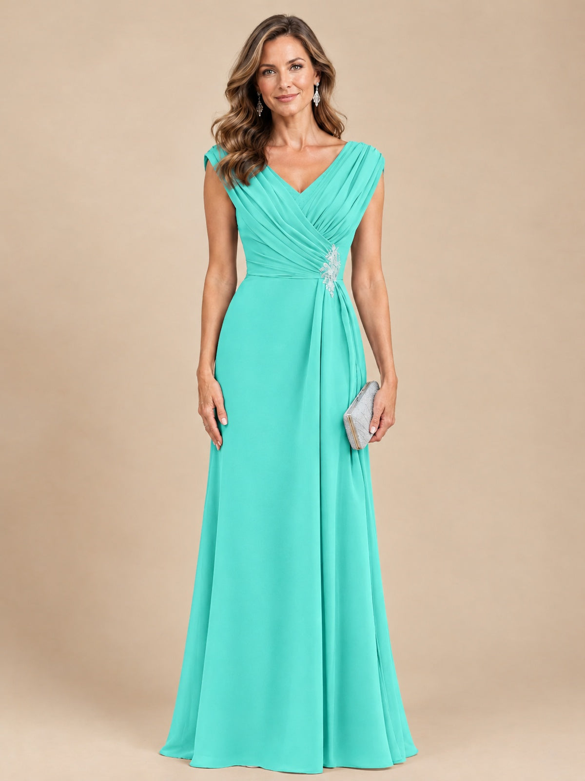 V Neck Pleated Mother of The Bride Dresses with Beading Cap Sleeves