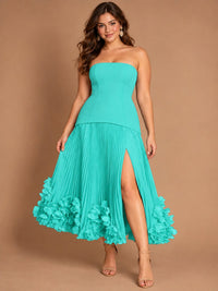 Navy Blue Strapless Pleated A-Line Midi Dress with 3D Floral Applique