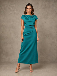 Cowl Neck Satin Mother of the Bride Dress with Ruched Waist