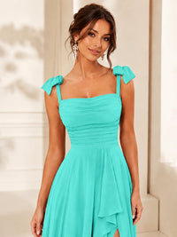 Ruffle Slit Chiffon A Line Scoop Neck Bridesmaid Dresses with Pockets