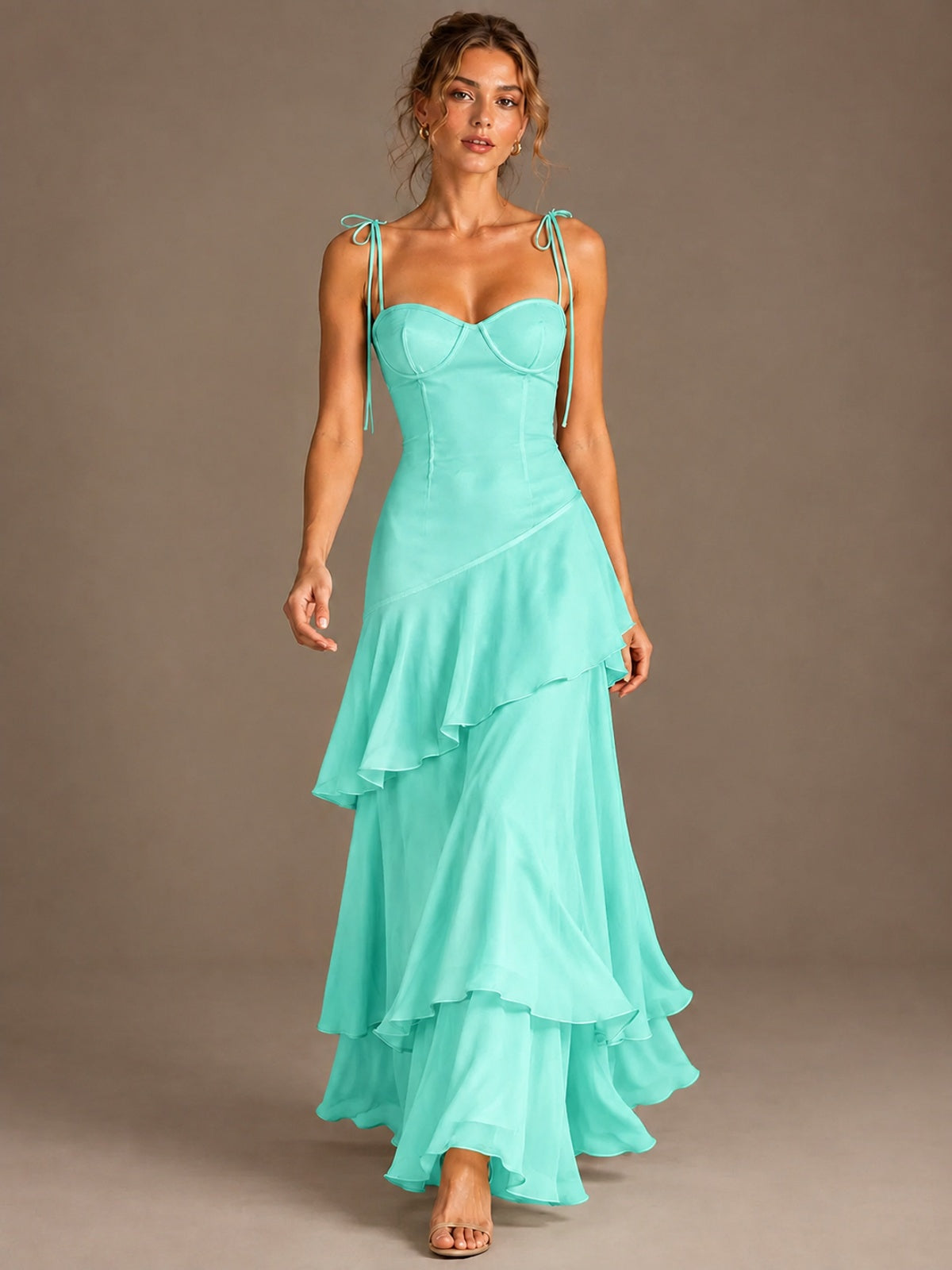 Spaghetti Strap Tiered Ruffles Chiffon Prom Dress