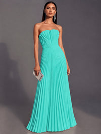 Turquoise Strapless Pleated Satin Prom Dress Long Formal Gown Evening Dress