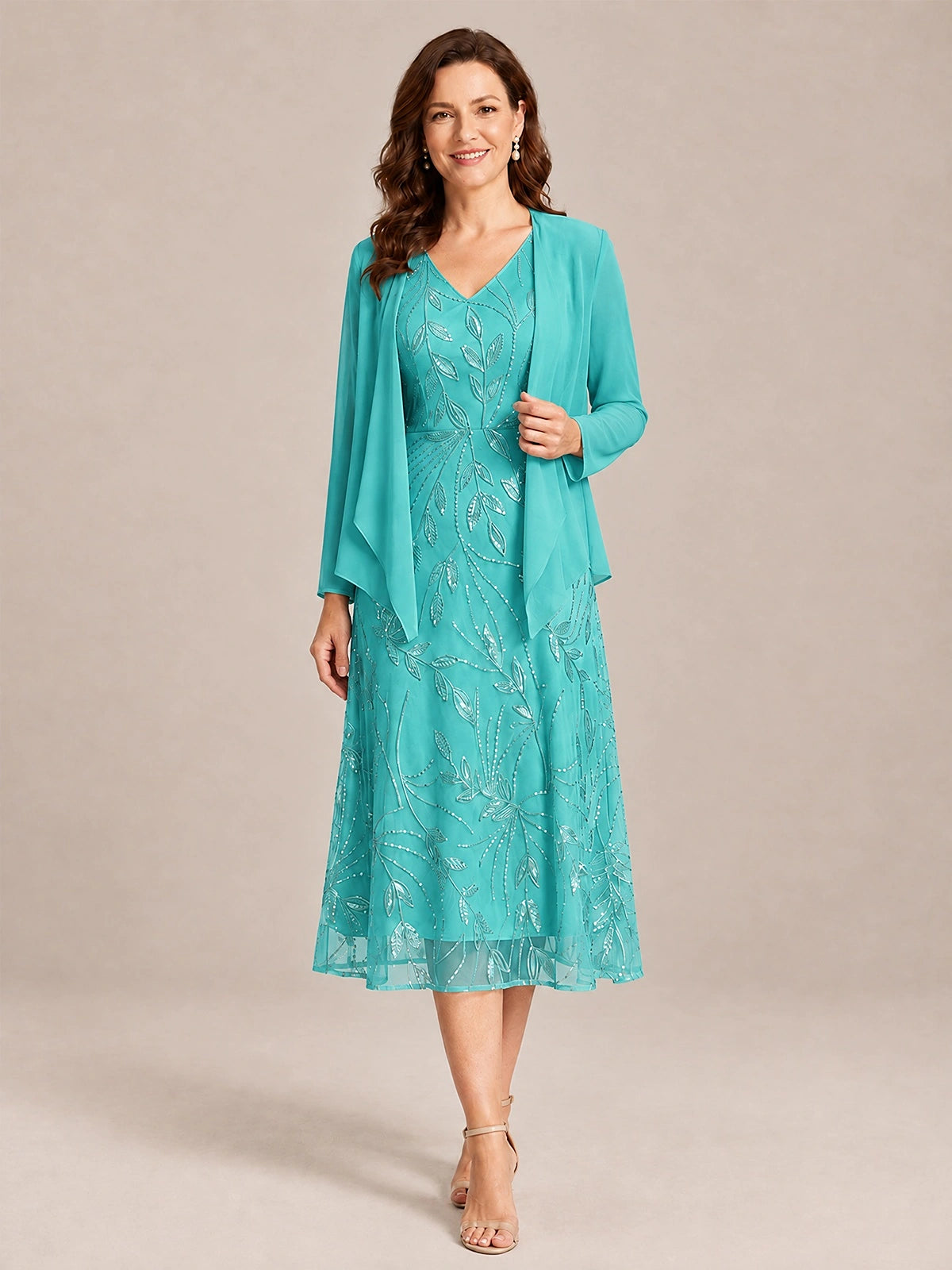 Turquoise-2 Piece Lace Appliques Chiffon Mother of The Bride Dress with Sequin