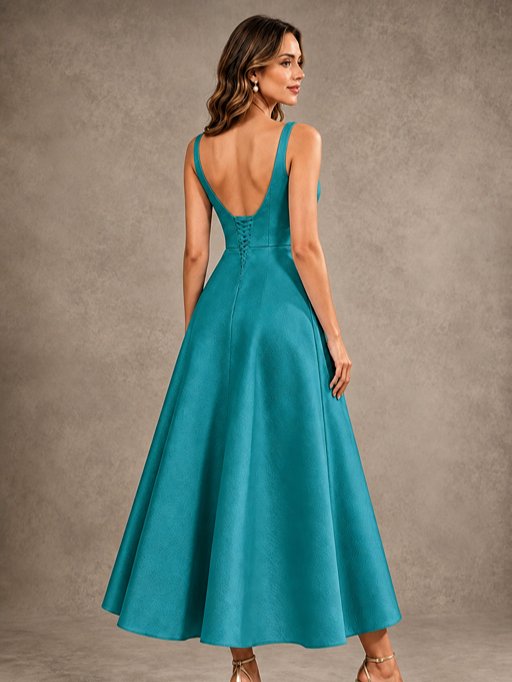 Tea-Length Satin Mother of the Bride Dress with 3D Flower Detail
