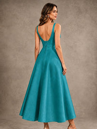 Tea-Length Satin Mother of the Bride Dress with 3D Flower Detail