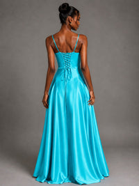 Lavender V Neck Satin Prom Dress with Spaghetti Straps