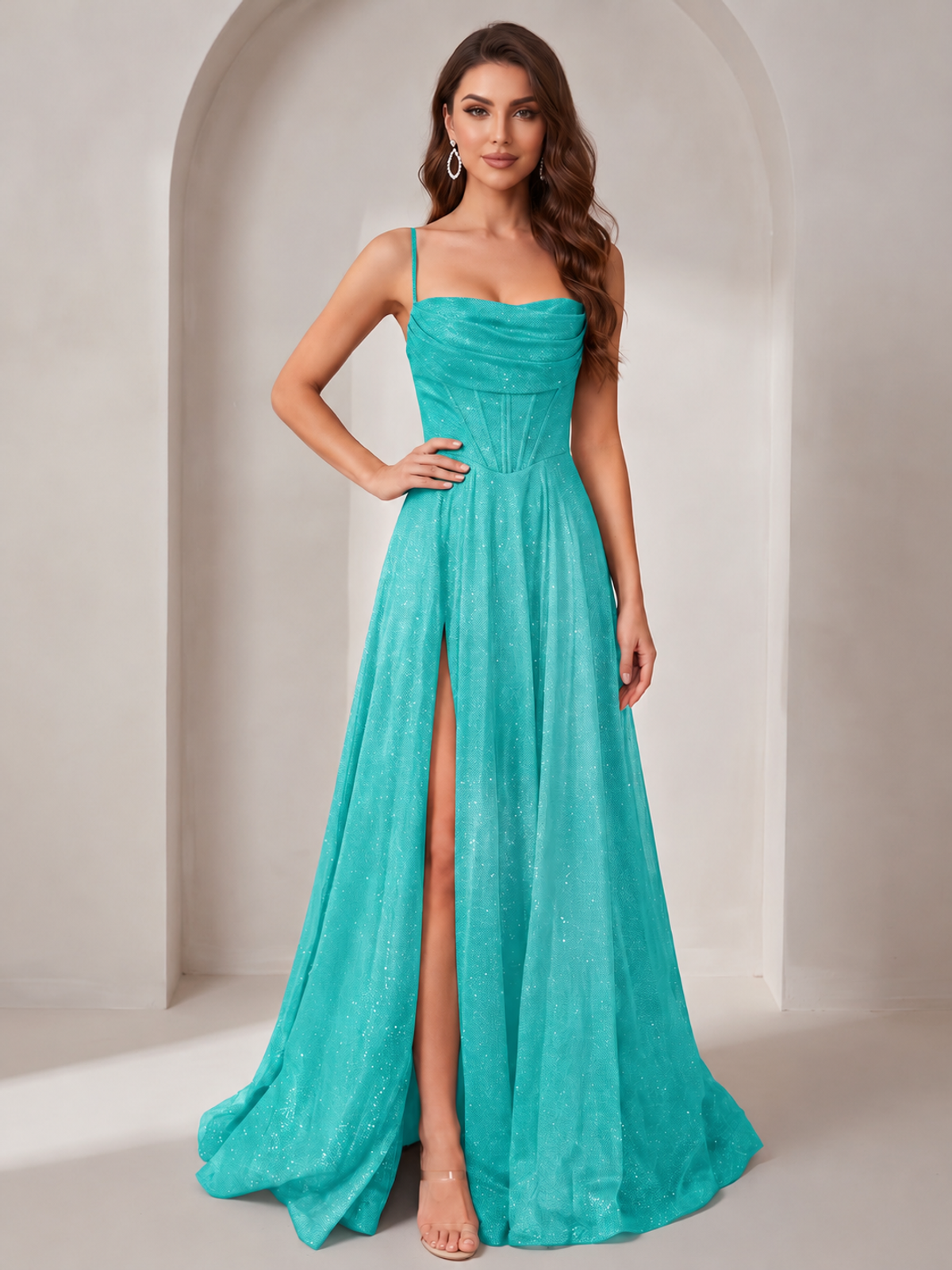 Turquoise Sparkly Cowl Neck Corset Long Prom Dress with Slit A-line Tulle Ball Gown Formal Evning Party Dress