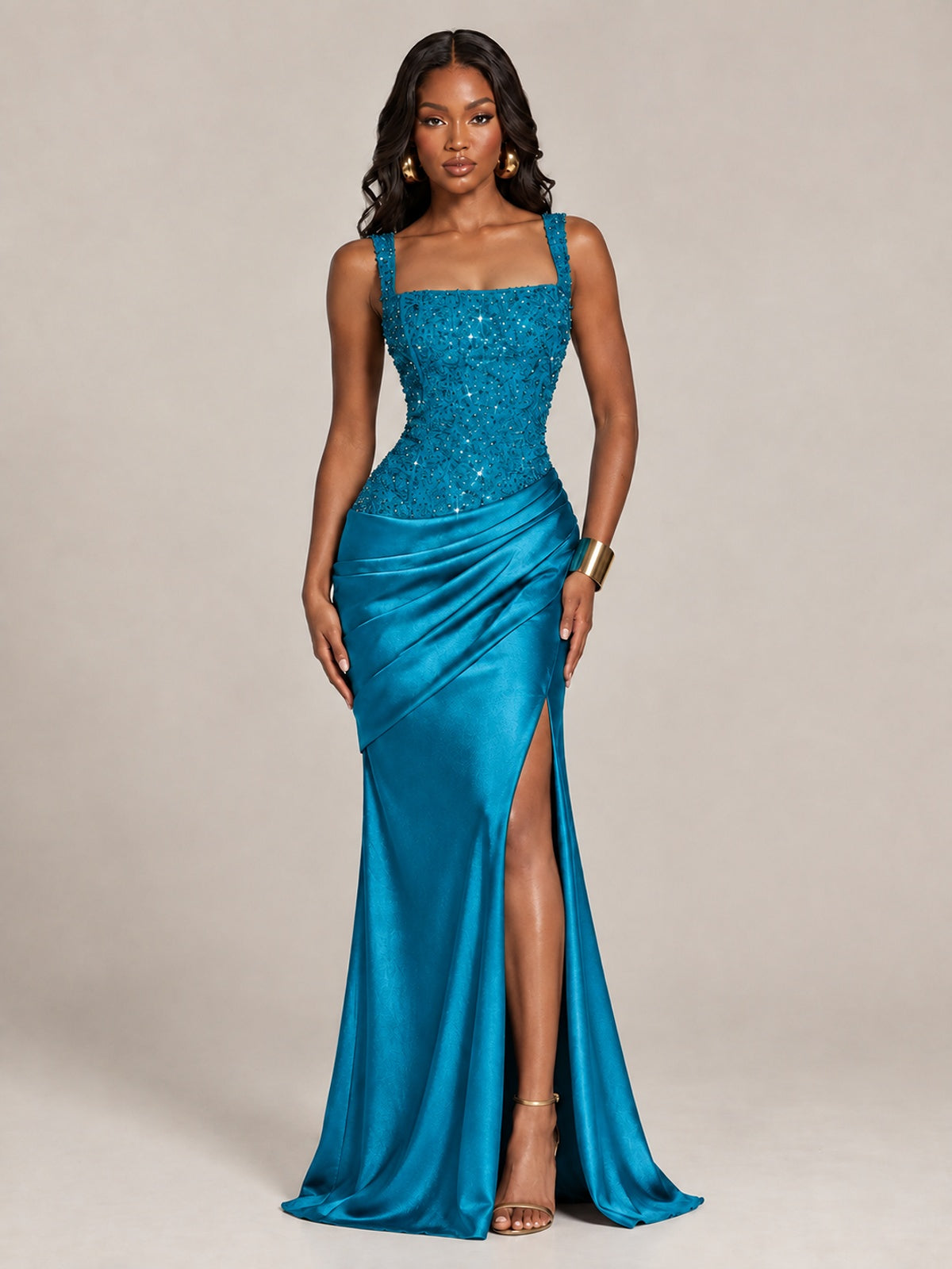 Scoop Neck Sequin Prom Dress with High Slit Satin Formal Gowns