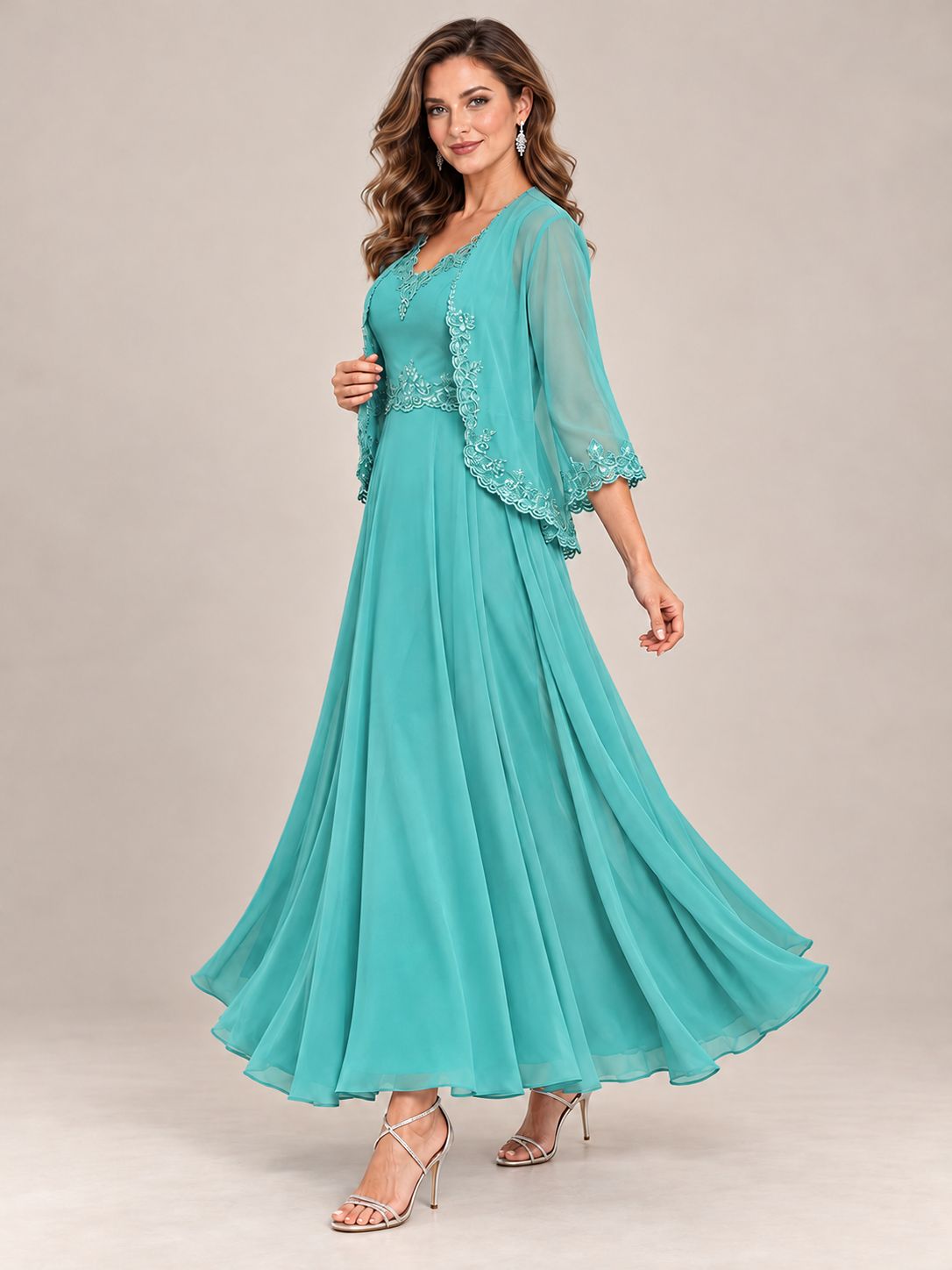 Dusty Blue Floral Lace Chiffon Mother of the Bride Dress with Jacket