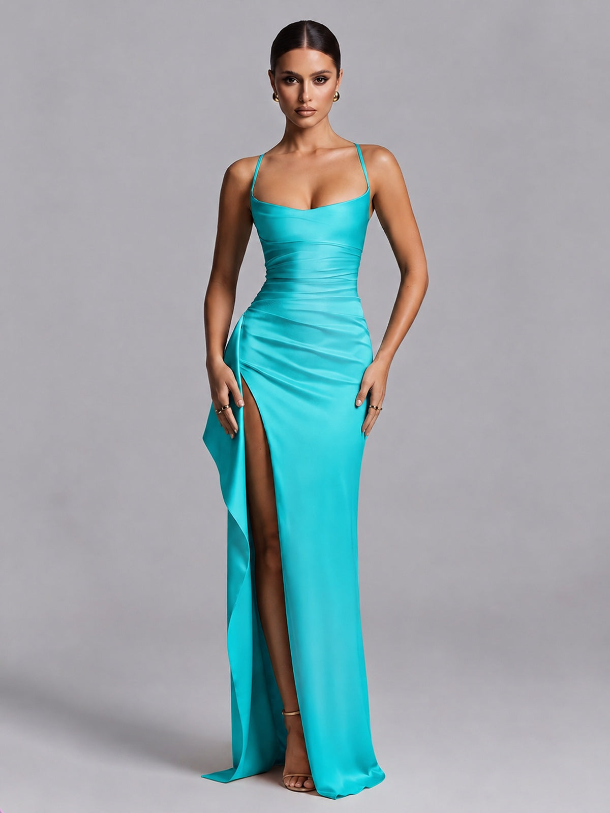Turquoise Squre Neck Pleated Satin Prom Dresses for Teens Women Long Evening Formal Gown with Slit Ruffles