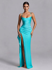 Turquoise Squre Neck Pleated Satin Prom Dresses for Teens Women Long Evening Formal Gown with Slit Ruffles